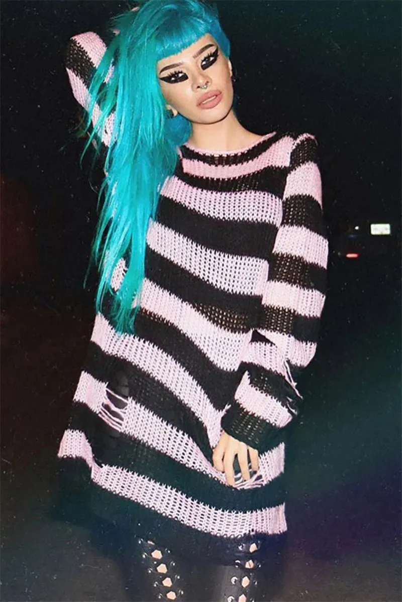 Pastel Pink/Black Striped Distressed Sweater
