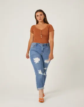 Plus Size Distressed Detail Mom Jeans