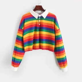Rainbow Color With Button Striped Sweater