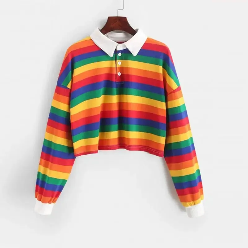 Rainbow Color With Button Striped Sweater