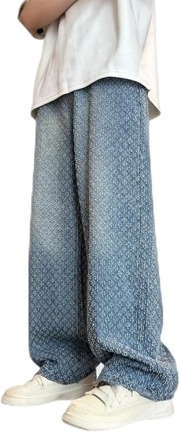 Relaxed Fit Jeans for Men Classic Rinsing Straight Wide Leg Denim Pants Fashion Y2k Textured Jeans Streetwear Trousers