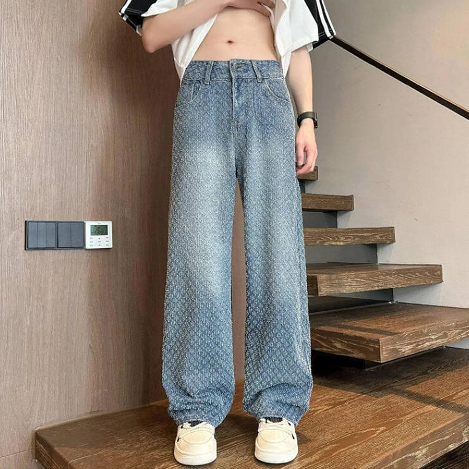 Relaxed Fit Jeans for Men Classic Rinsing Straight Wide Leg Denim Pants Fashion Y2k Textured Jeans Streetwear Trousers