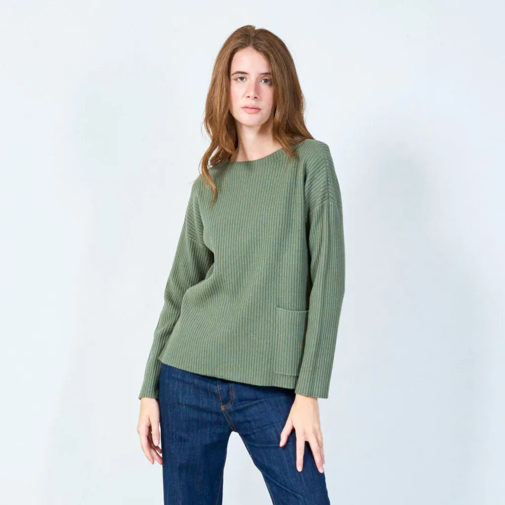 Ribbed knit pullover with pocket wholesale