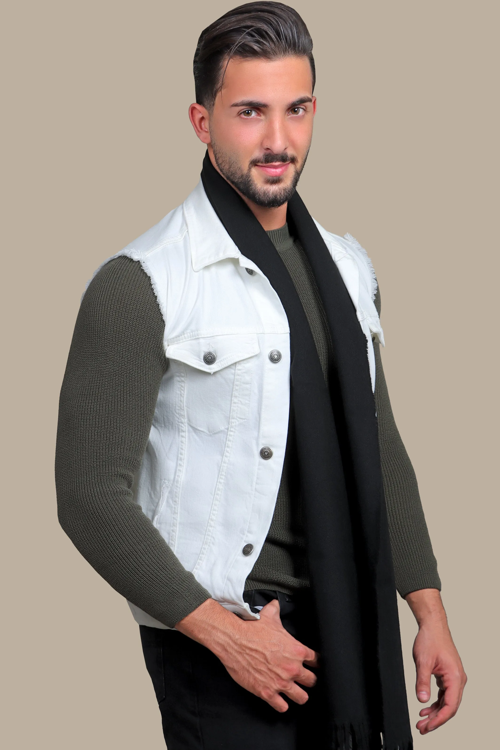 Rugged Elegance: White Denim Vest with Distressed Shoulder Detail