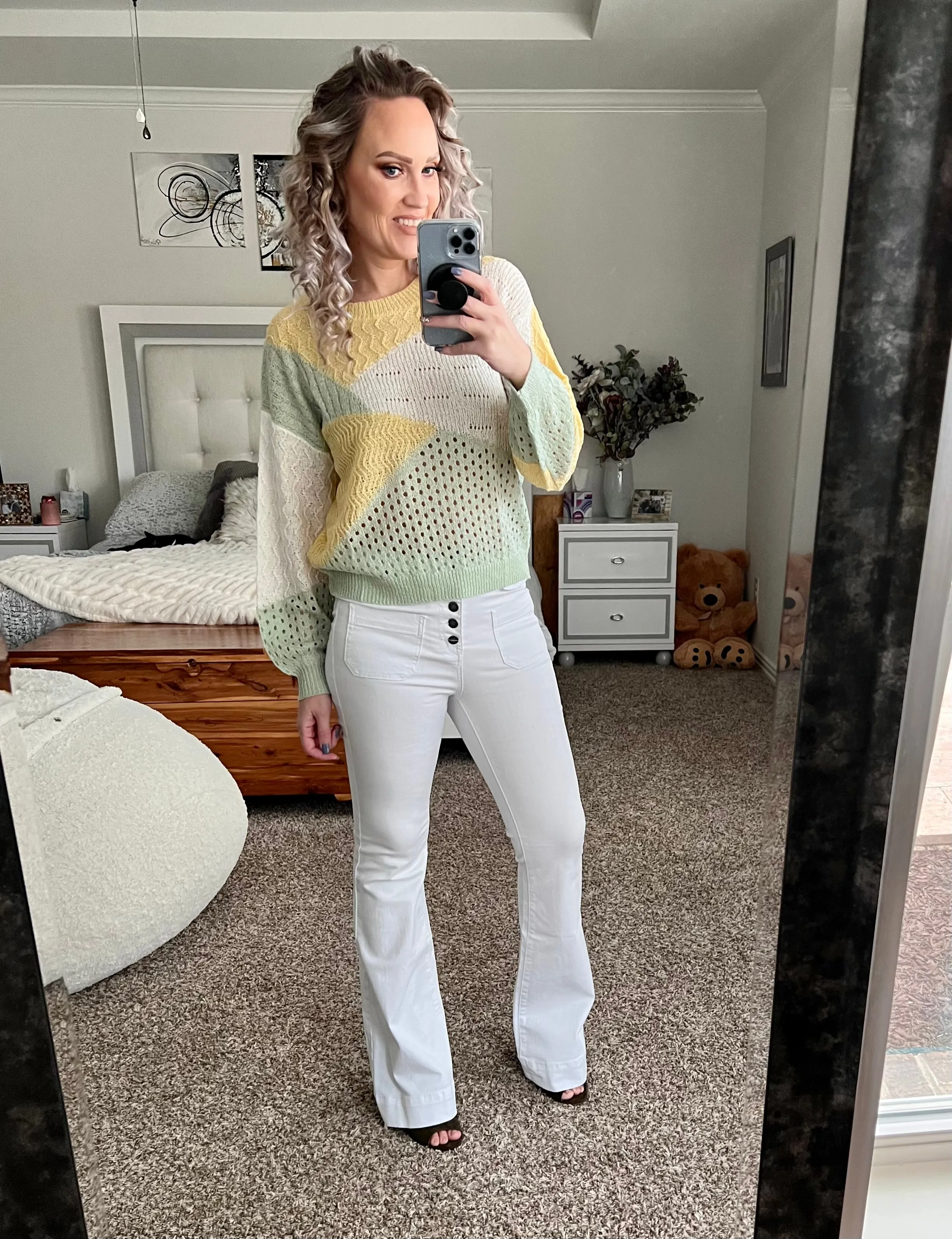 Serenity Yellow, sage and white color block sweater