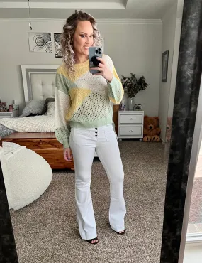 Serenity Yellow, sage and white color block sweater