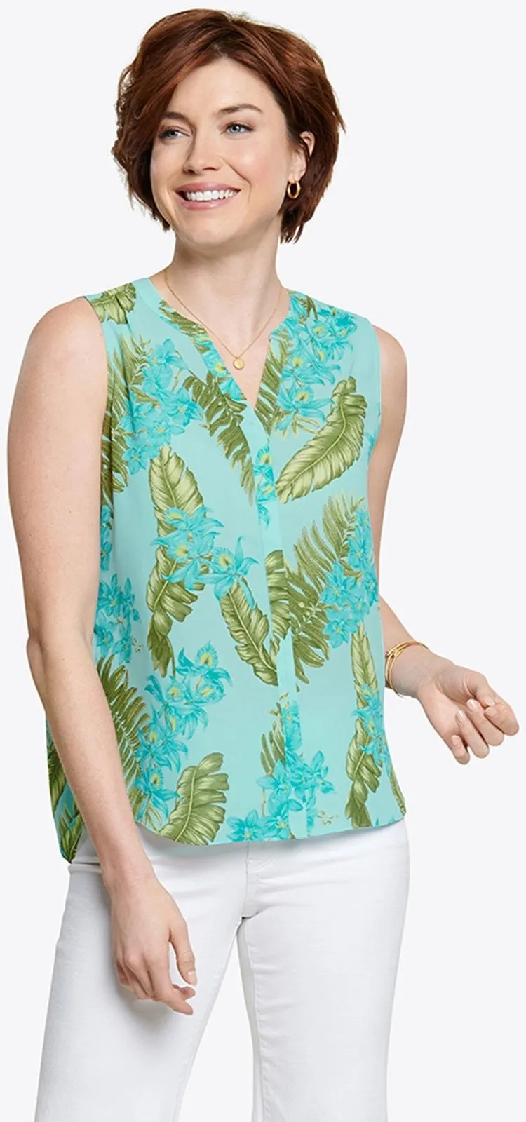 Sleeveless Pintuck Blouse Tropical Print | Calypso Orchid