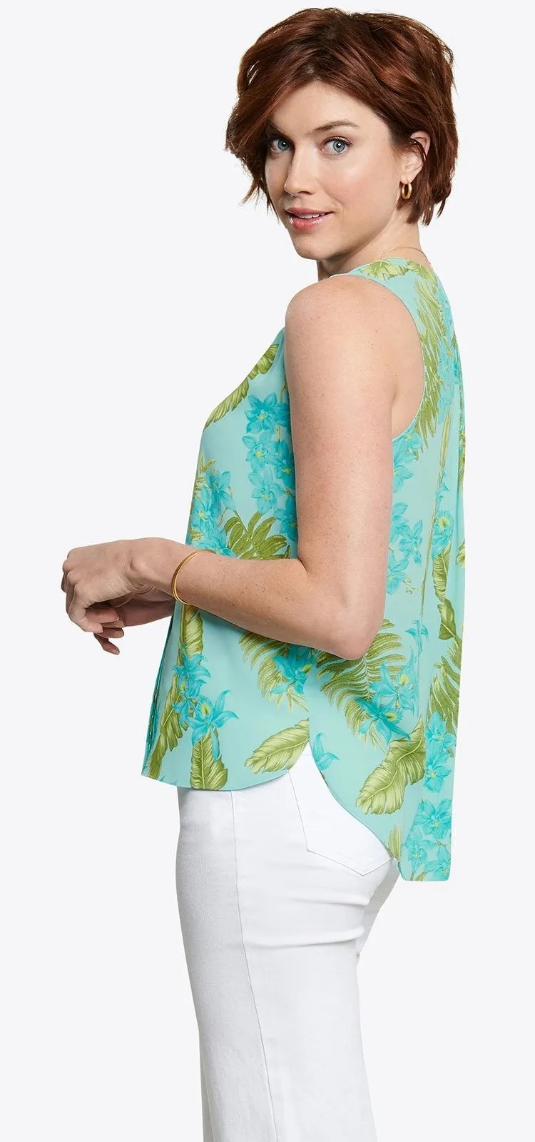 Sleeveless Pintuck Blouse Tropical Print | Calypso Orchid