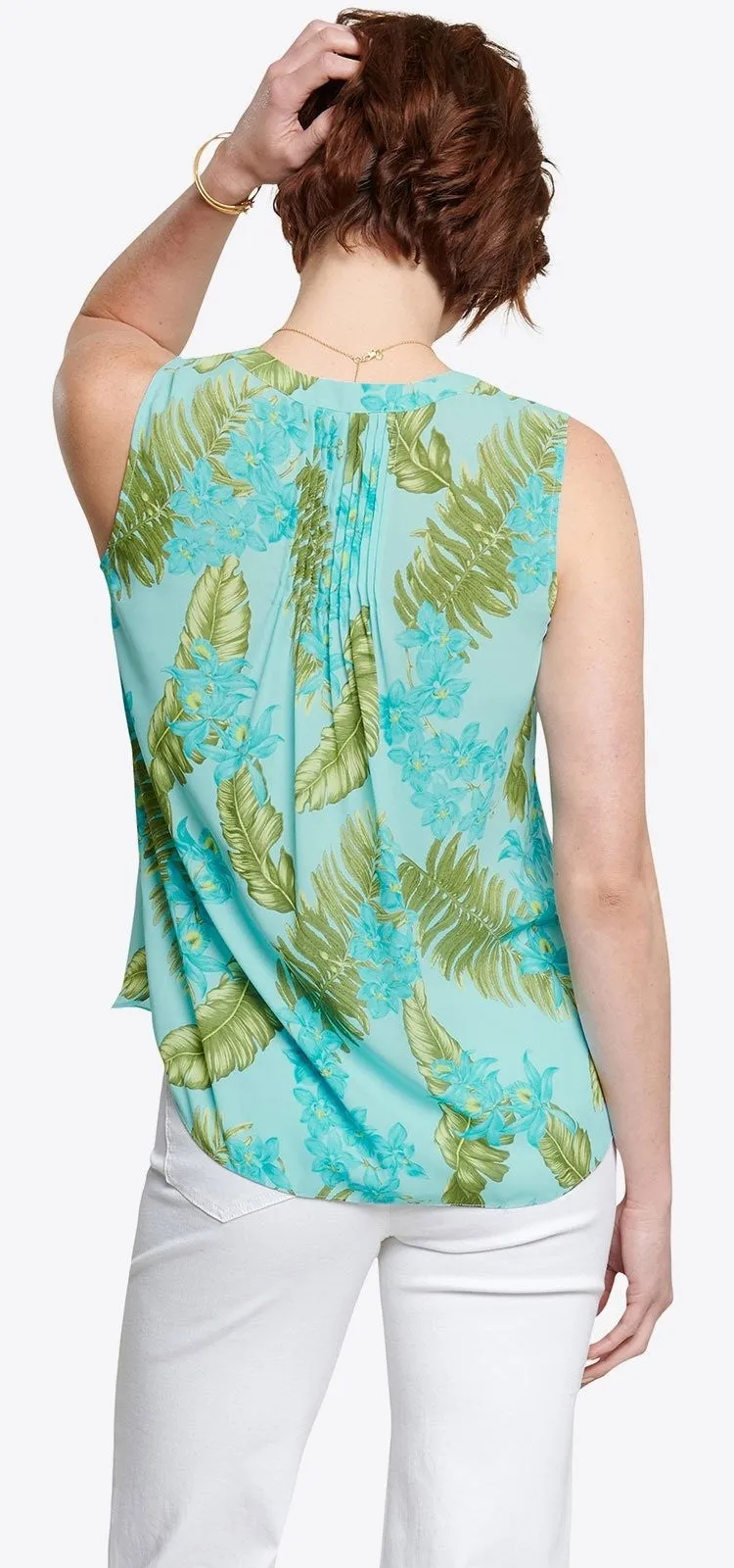 Sleeveless Pintuck Blouse Tropical Print | Calypso Orchid