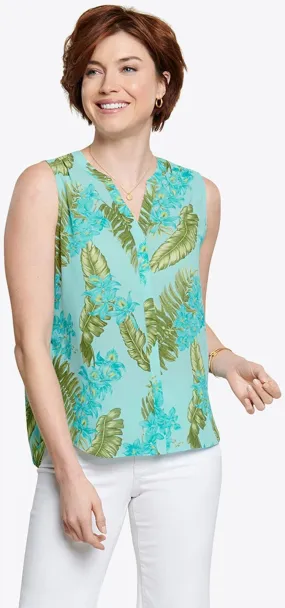 Sleeveless Pintuck Blouse Tropical Print | Calypso Orchid