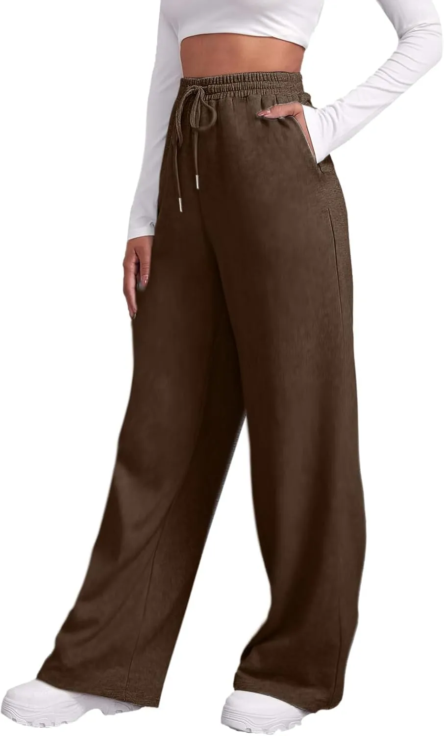 Sweatpants for Women Fleece Lined Elastic Drawstring High Waist Wide Leg Jogger Pants Soft Casual Trouser with Pocket