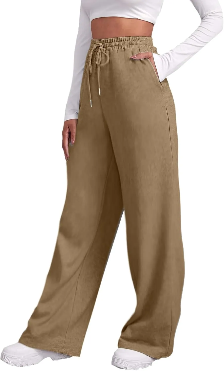 Sweatpants for Women Fleece Lined Elastic Drawstring High Waist Wide Leg Jogger Pants Soft Casual Trouser with Pocket