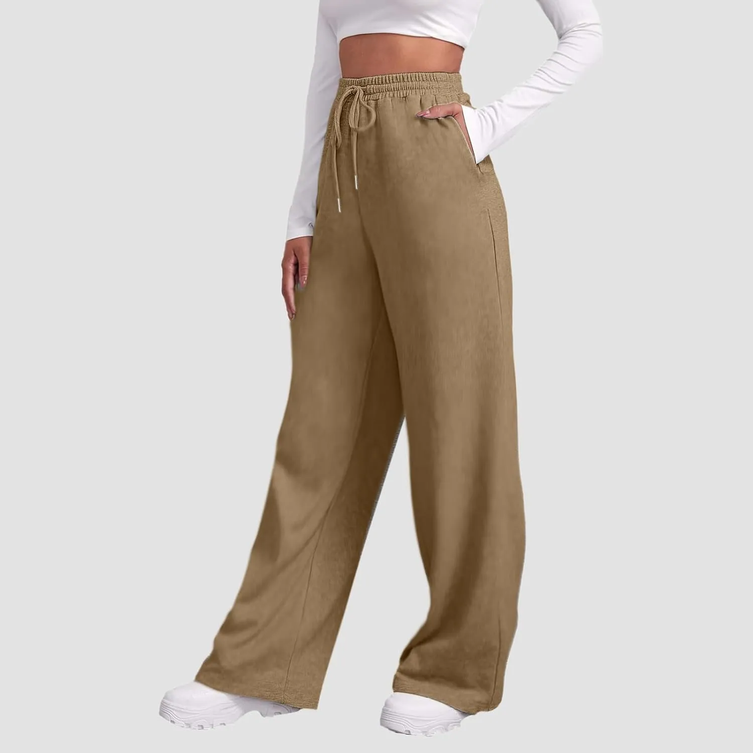 Sweatpants for Women Fleece Lined Elastic Drawstring High Waist Wide Leg Jogger Pants Soft Casual Trouser with Pocket