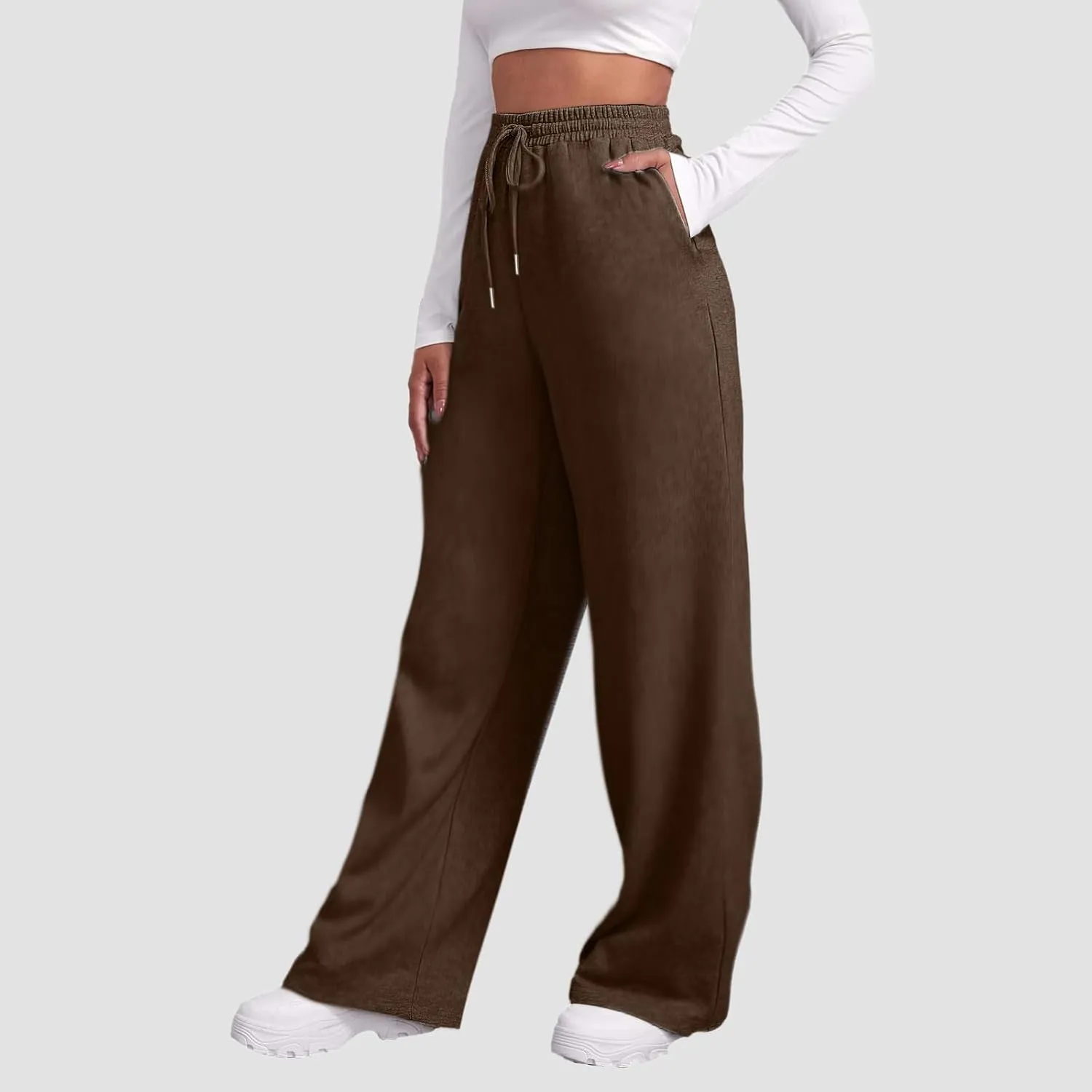 Sweatpants for Women Fleece Lined Elastic Drawstring High Waist Wide Leg Jogger Pants Soft Casual Trouser with Pocket