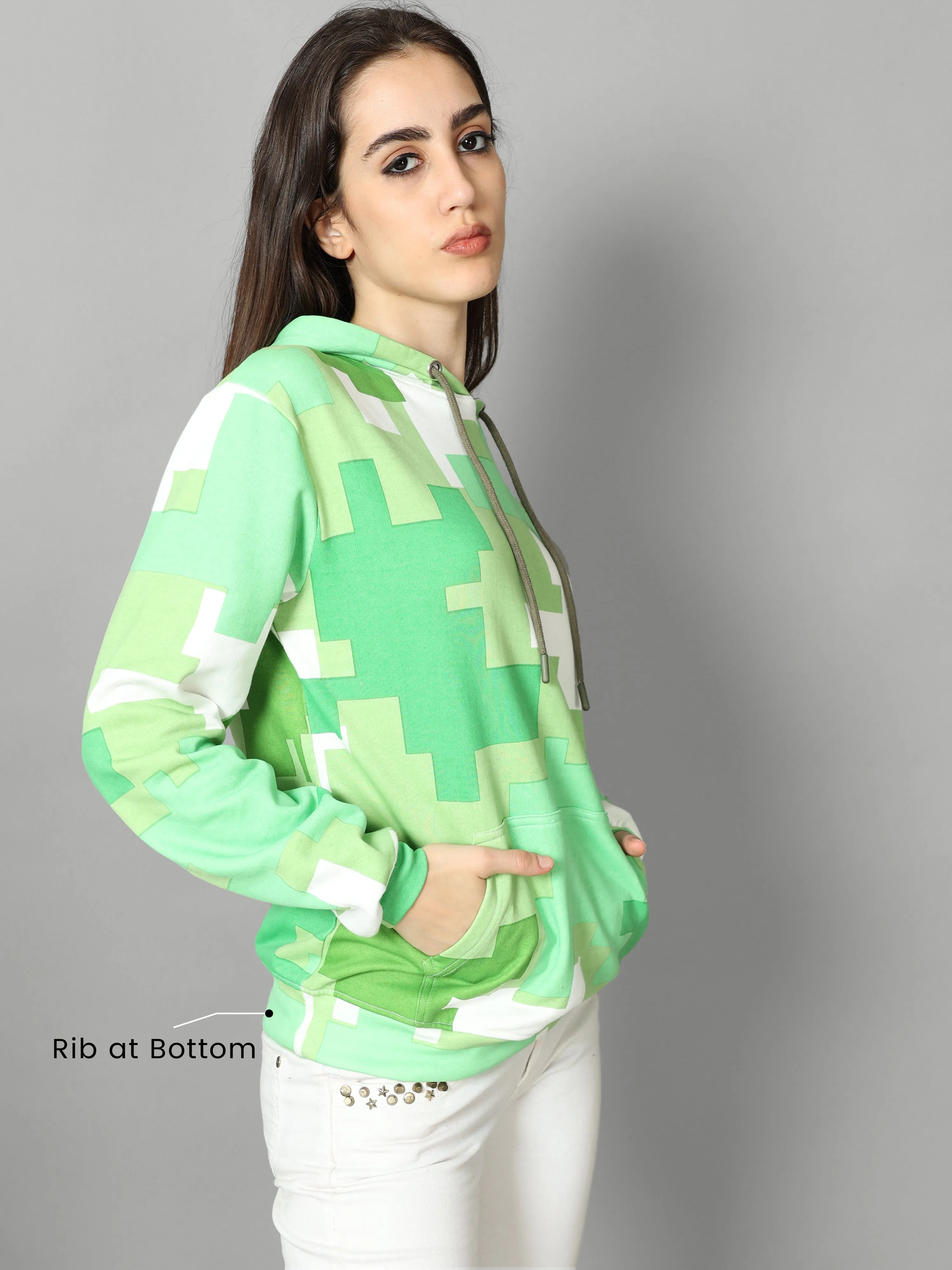 The Greenage Printed Green Hoodie for Women