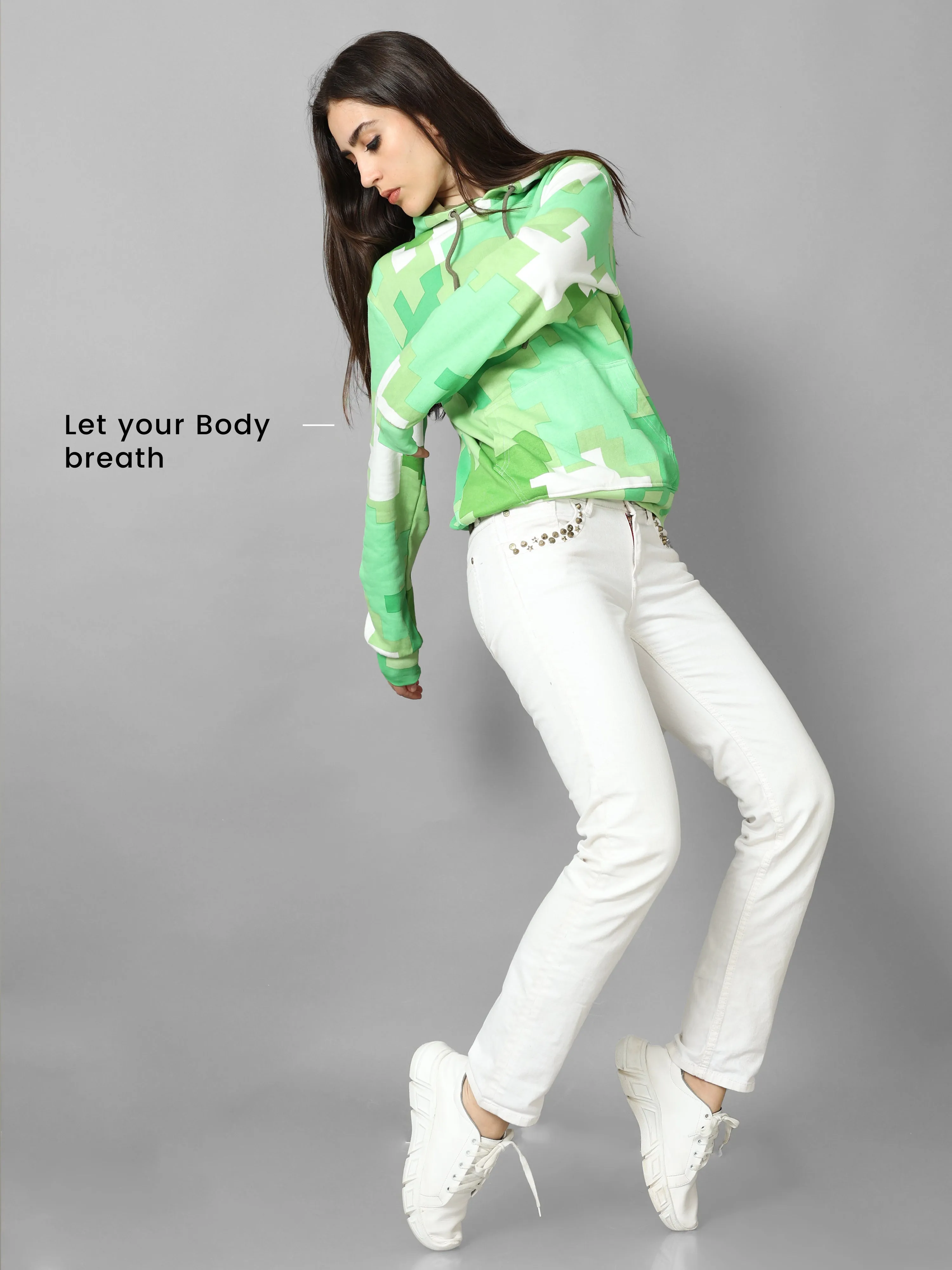 The Greenage Printed Green Hoodie for Women
