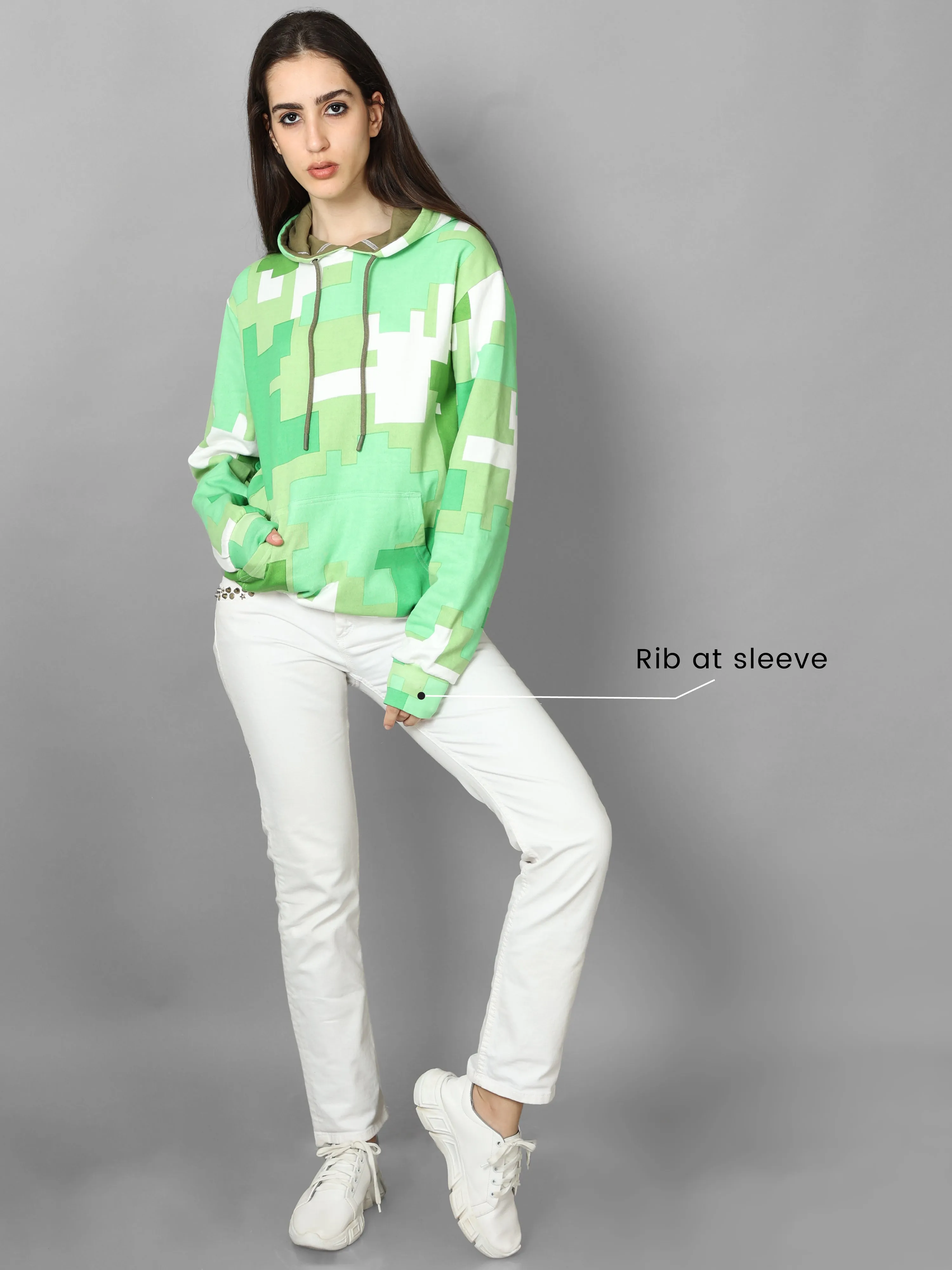 The Greenage Printed Green Hoodie for Women