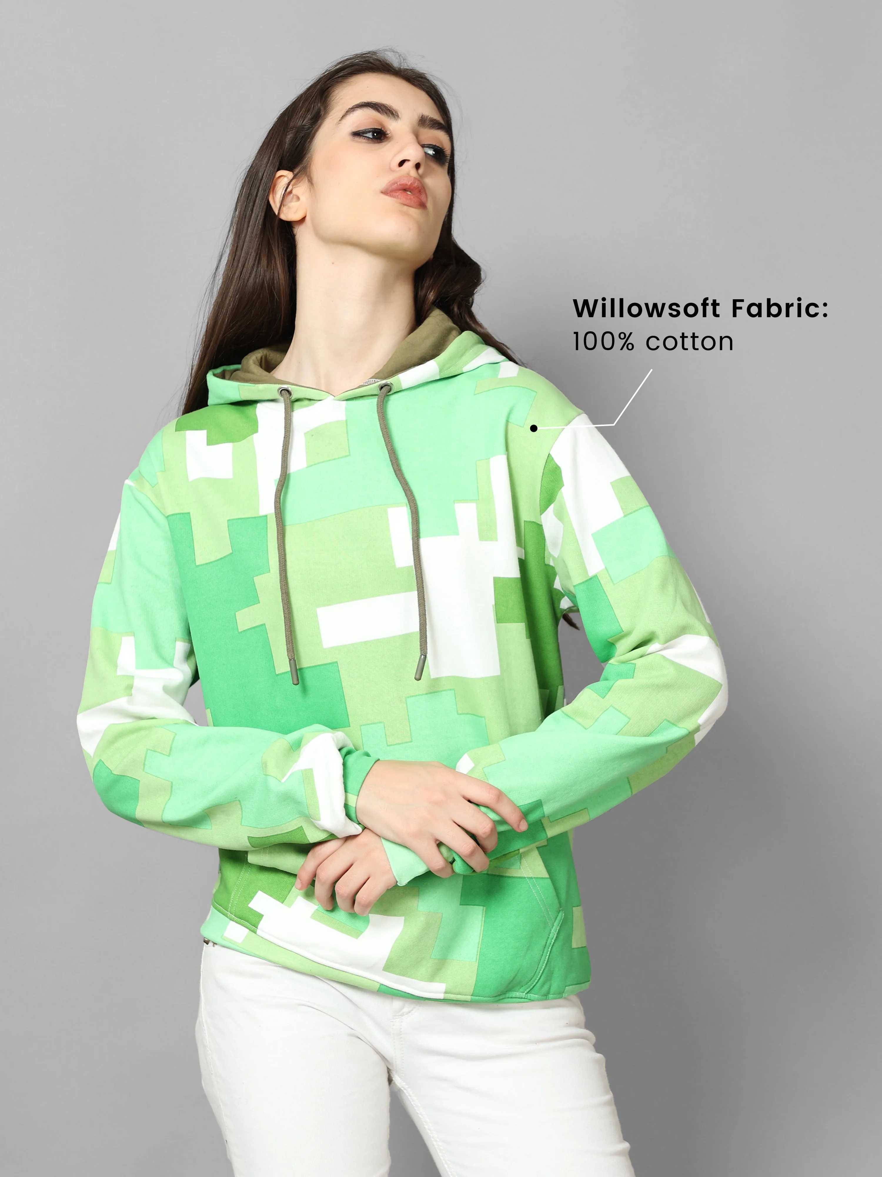 The Greenage Printed Green Hoodie for Women