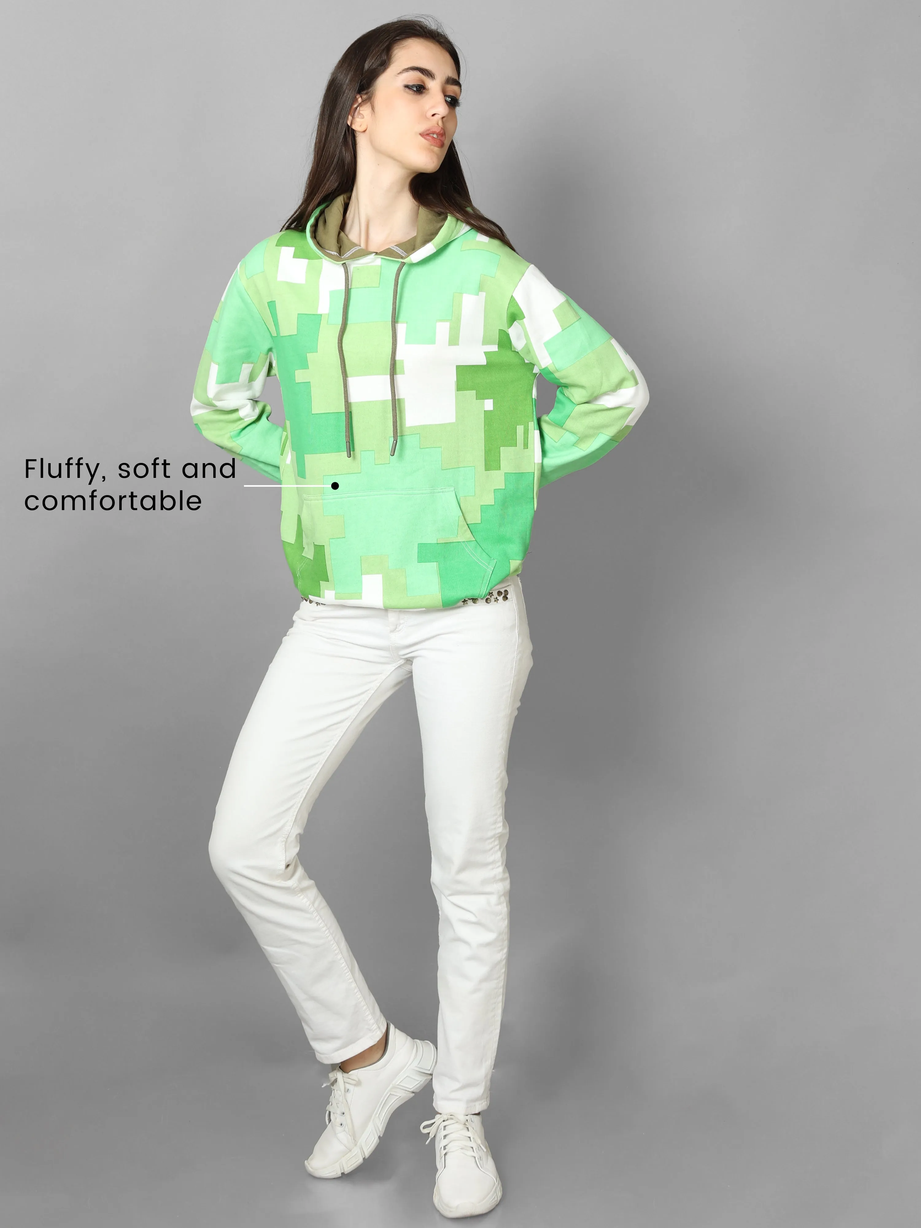 The Greenage Printed Green Hoodie for Women