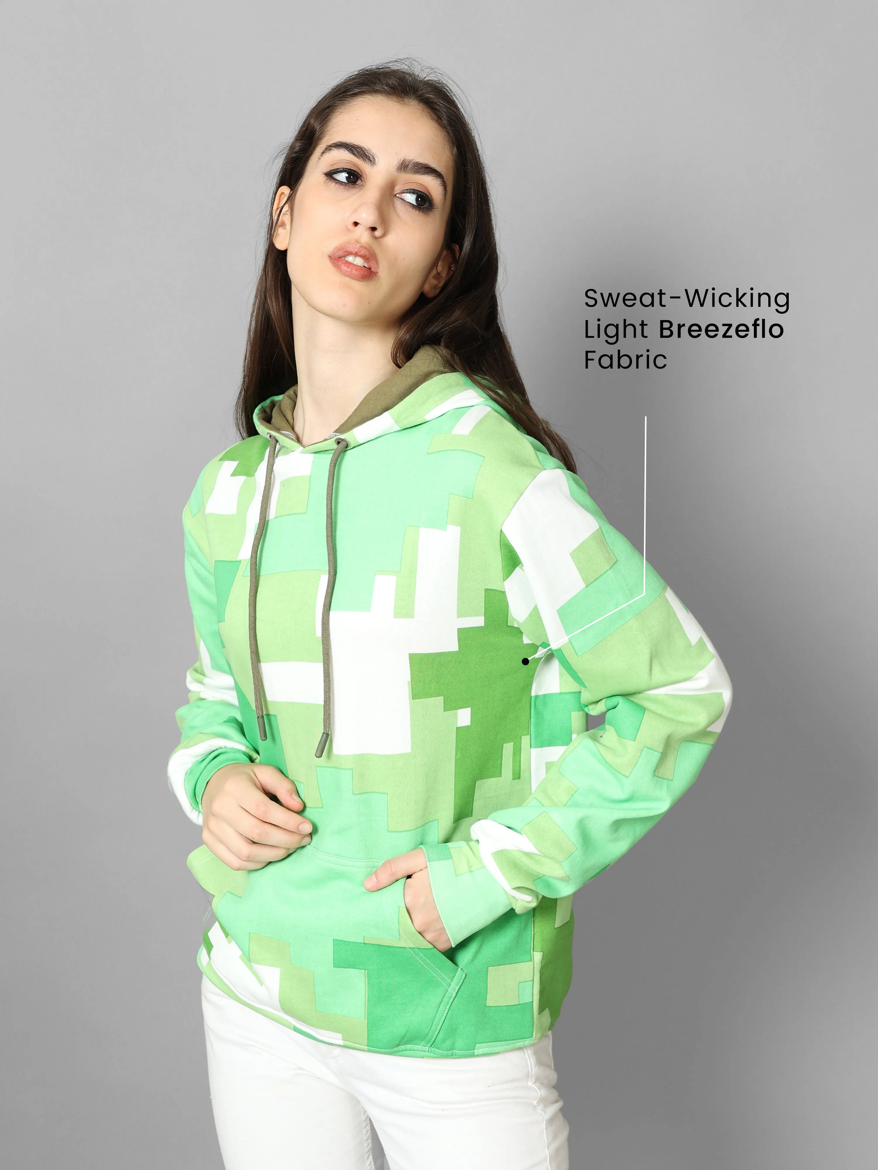 The Greenage Printed Green Hoodie for Women