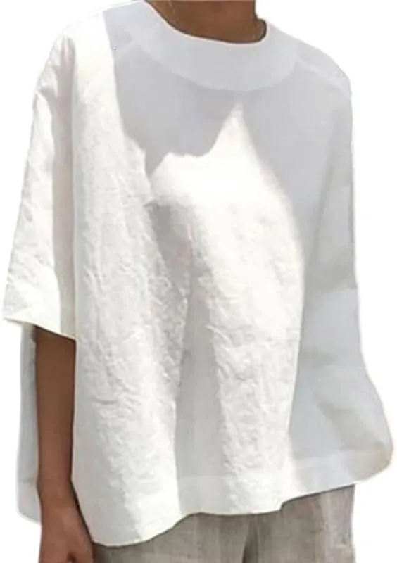 UOOZEE Women's Cotton Linen Half Sleeve Summer Casual Tunic Tops Crewneck Loose Fit Oversized Basic Tee Blouse Tops