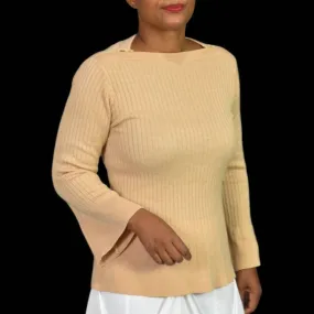 Vintage Daddys Money Ribbed Sweater Tan Camel Bell Sleeve Boat Neck Knit Size Medium