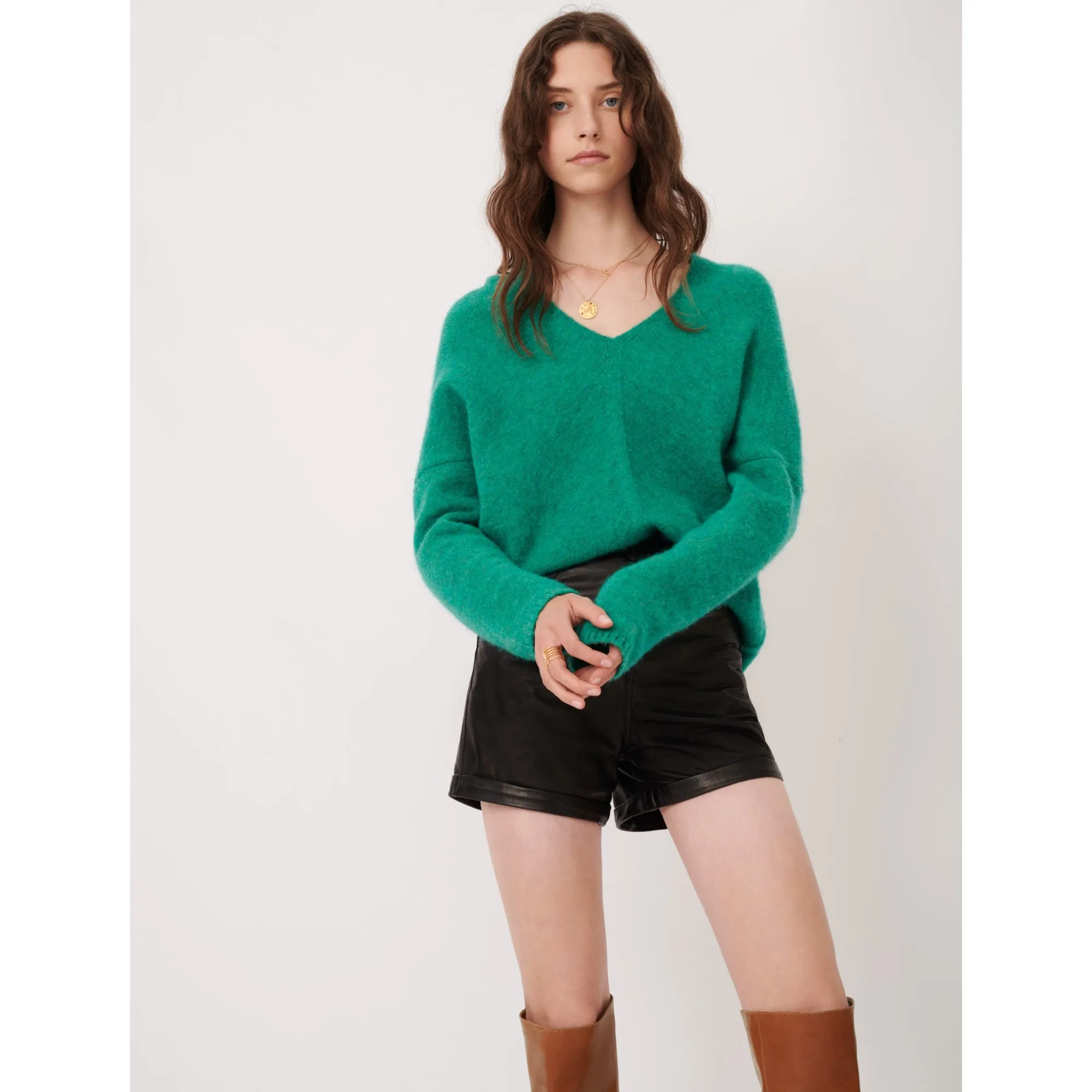 Women V-Neck Marl Sweater  - Green