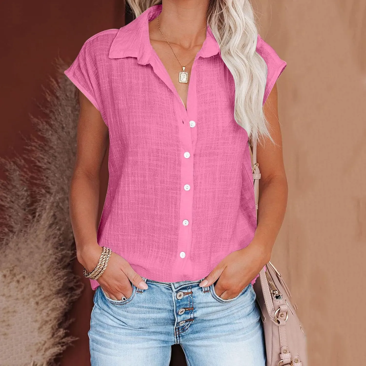 Women's Cap Sleeve Button Down Shirts Cotton Linen V Neck Tees Tops Short Sleeve Office Casual Business Plain Blouses