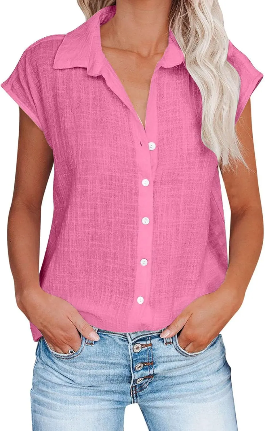 Women's Cap Sleeve Button Down Shirts Cotton Linen V Neck Tees Tops Short Sleeve Office Casual Business Plain Blouses