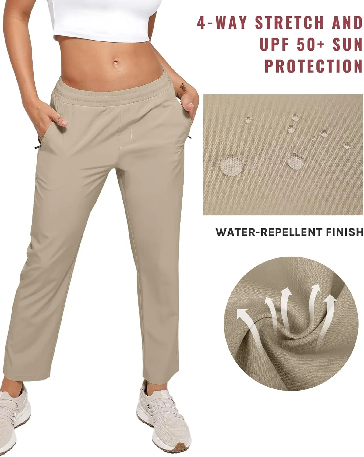 Womens Golf Pants Quick Dry Ultra Light Stretch Pockets Soft Workout Pants for Travel with Inside Drawstrings