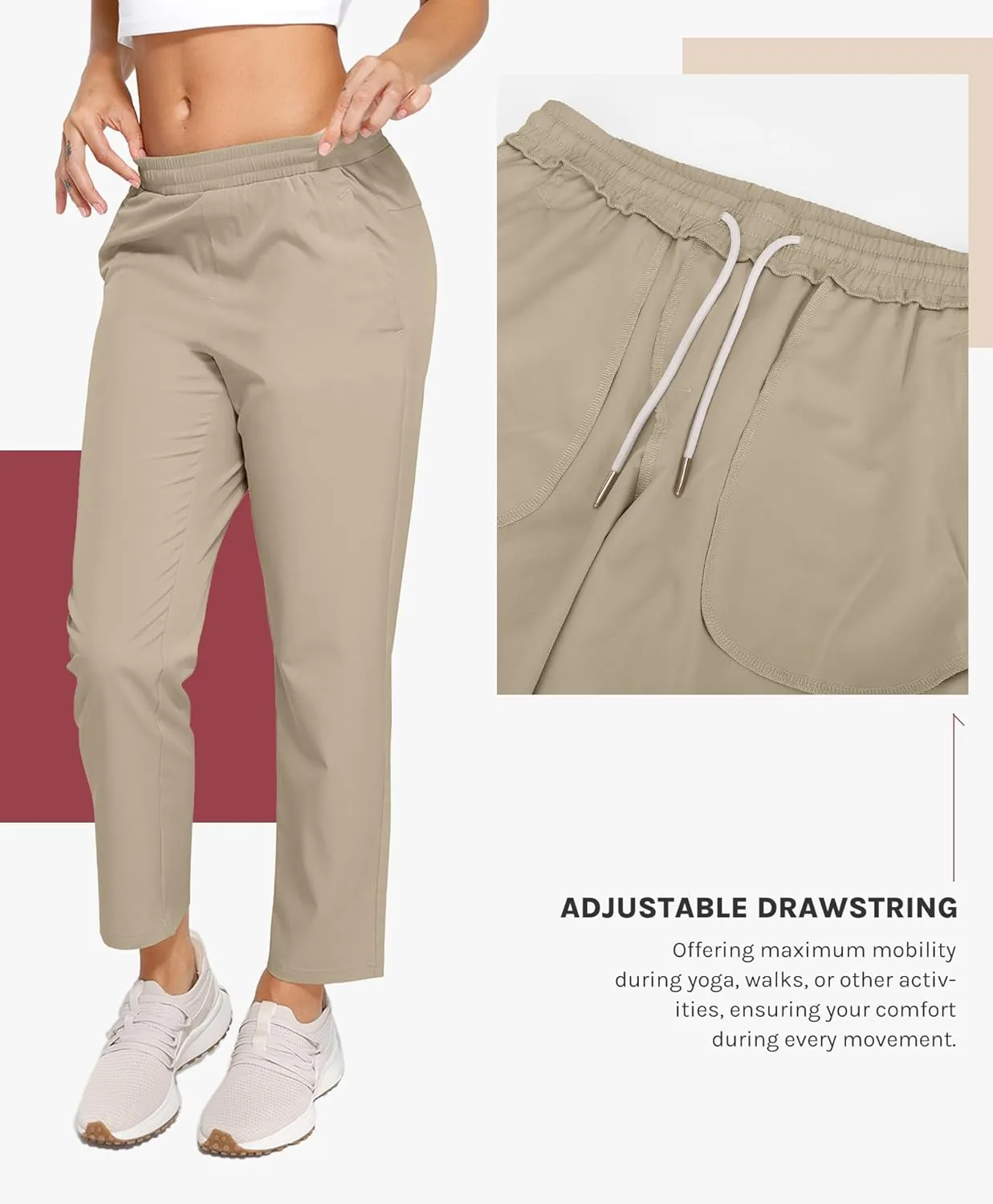 Womens Golf Pants Quick Dry Ultra Light Stretch Pockets Soft Workout Pants for Travel with Inside Drawstrings