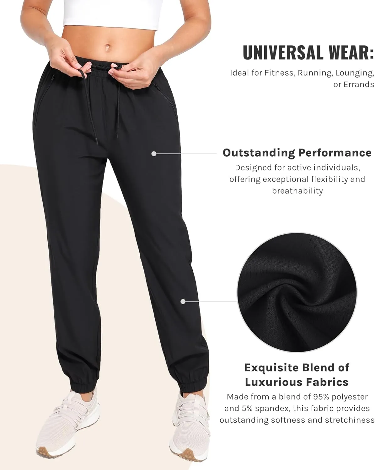 Womens Golf Pants Quick Dry Ultra Light Stretch Pockets Soft Workout Pants for Travel with Inside Drawstrings