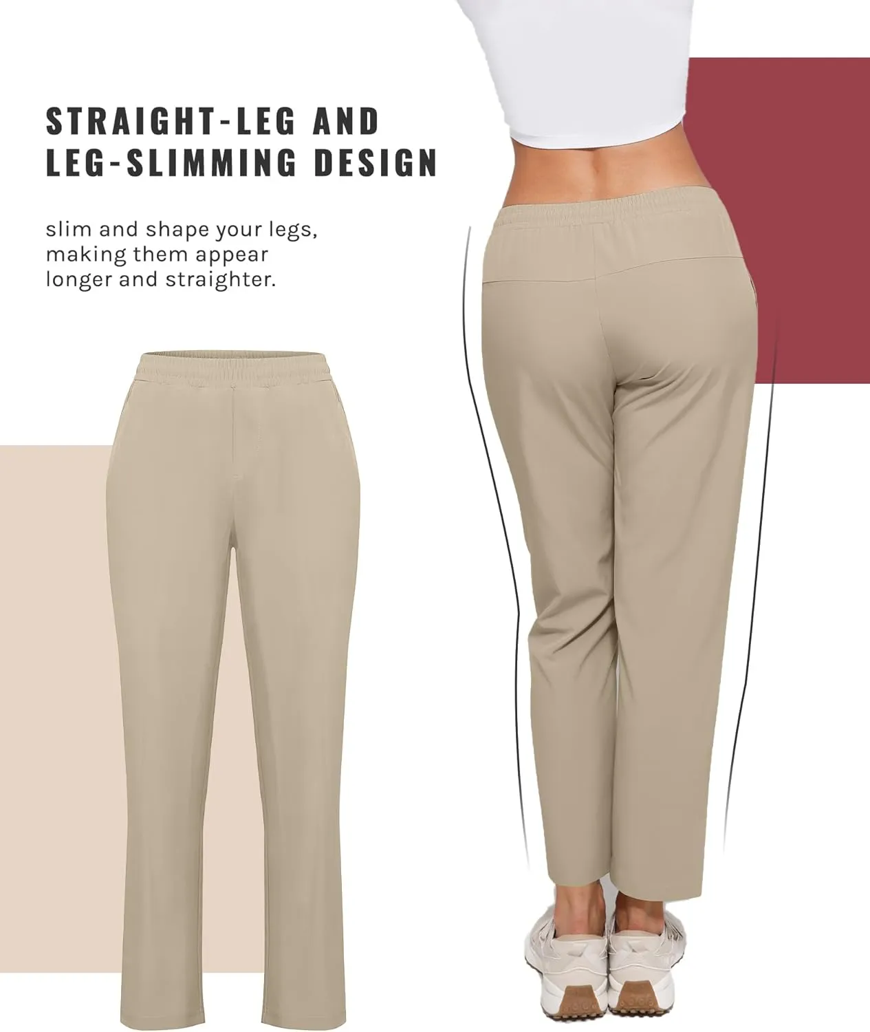 Womens Golf Pants Quick Dry Ultra Light Stretch Pockets Soft Workout Pants for Travel with Inside Drawstrings
