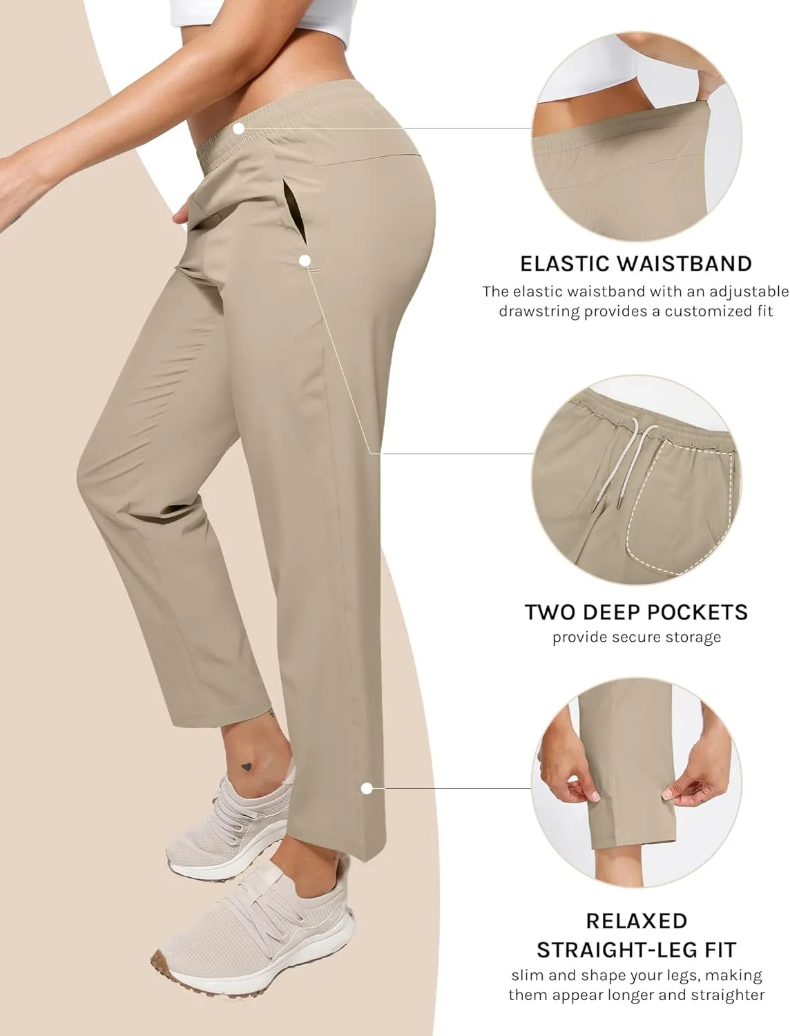 Womens Golf Pants Quick Dry Ultra Light Stretch Pockets Soft Workout Pants for Travel with Inside Drawstrings