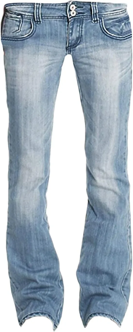 Womens Luscious Curvy Bootcut Denim Pants Classic Mid-Rise Stretch Juniors Jeans Fashion Skinny Button Bell Bottom Jeans