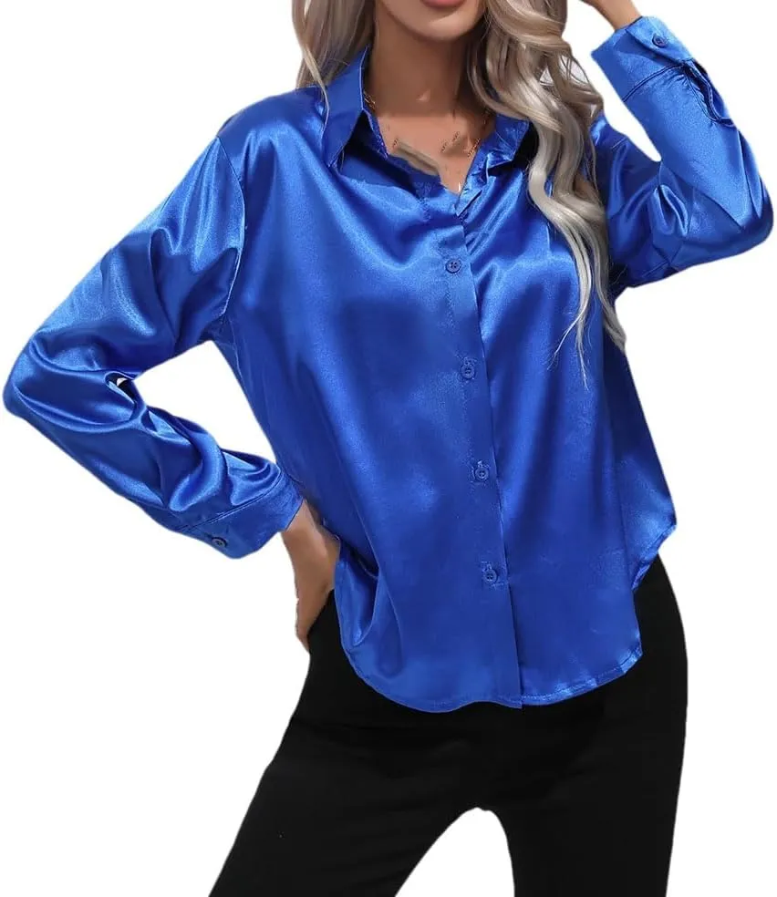 Women's Satin Blouse Long Sleeve Loose Top Solid Color Fashion Pullover Office Wear
