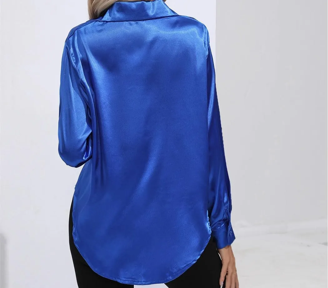 Women's Satin Blouse Long Sleeve Loose Top Solid Color Fashion Pullover Office Wear