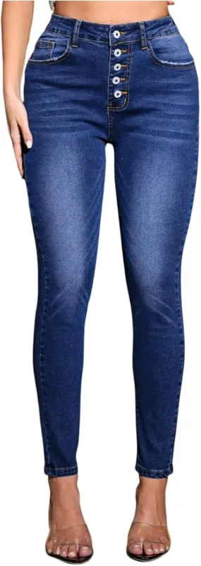 Womens Skinny Jeans Button Up High Waist Butt Lifting Jeans Distressed Classic Tummy Control Denim Pants with Pockets
