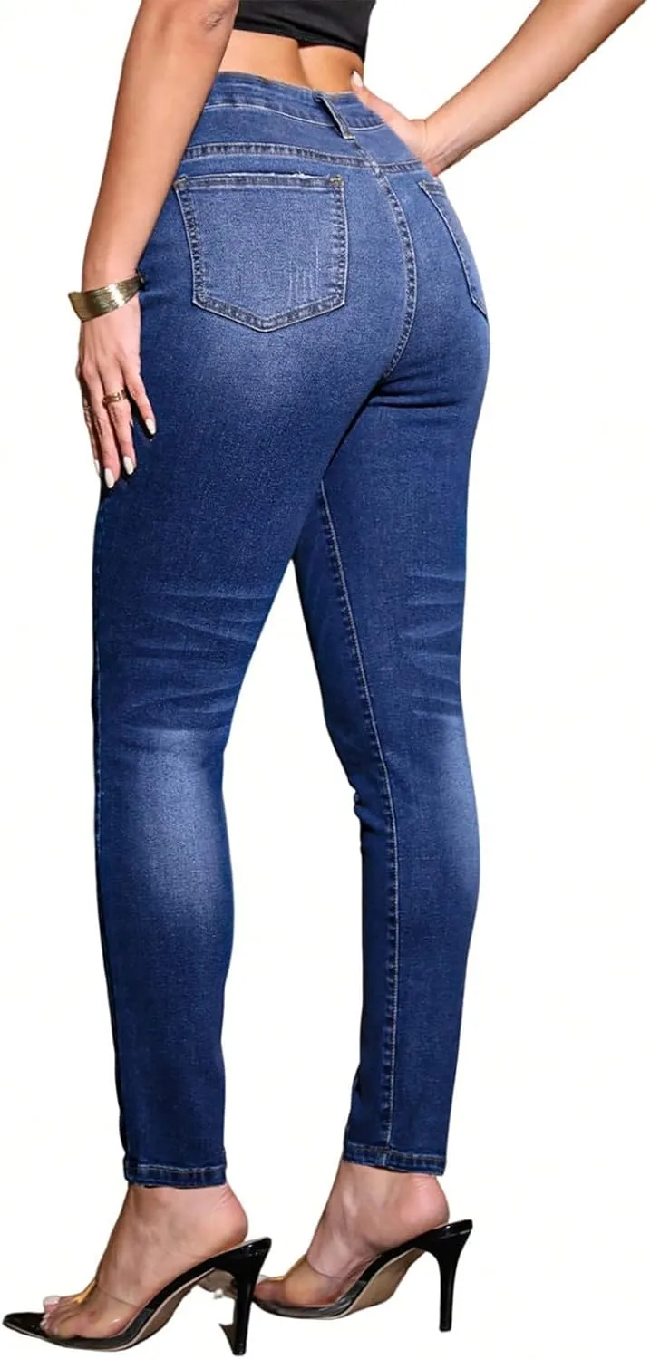 Womens Skinny Jeans Button Up High Waist Butt Lifting Jeans Distressed Classic Tummy Control Denim Pants with Pockets