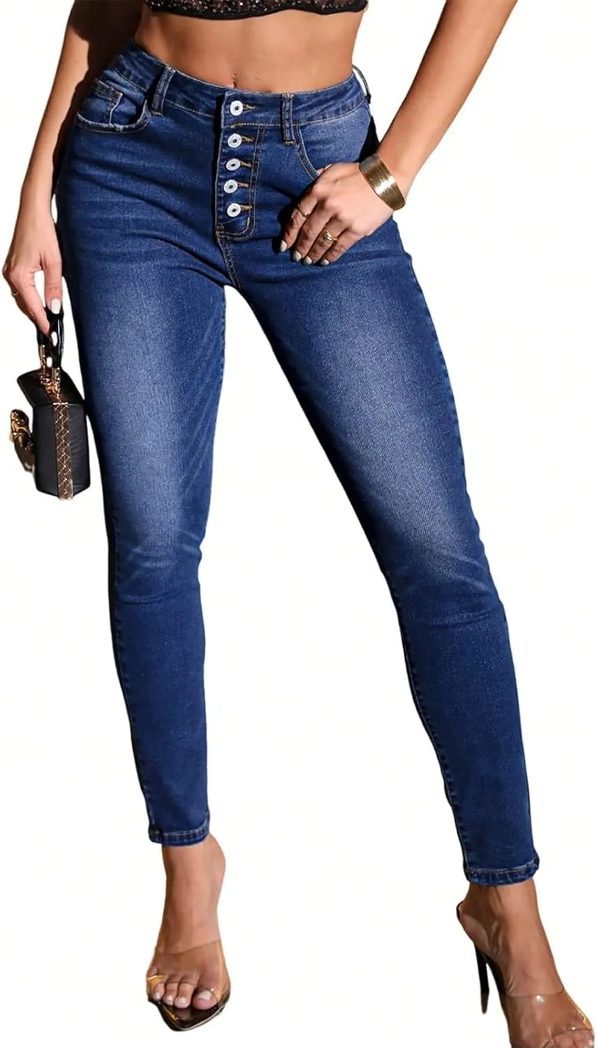 Womens Skinny Jeans Button Up High Waist Butt Lifting Jeans Distressed Classic Tummy Control Denim Pants with Pockets