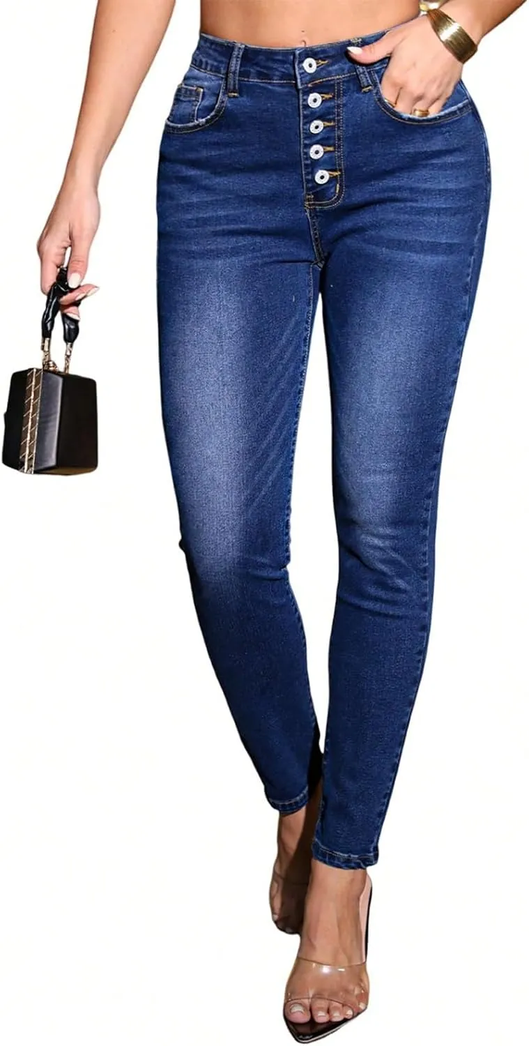 Womens Skinny Jeans Button Up High Waist Butt Lifting Jeans Distressed Classic Tummy Control Denim Pants with Pockets