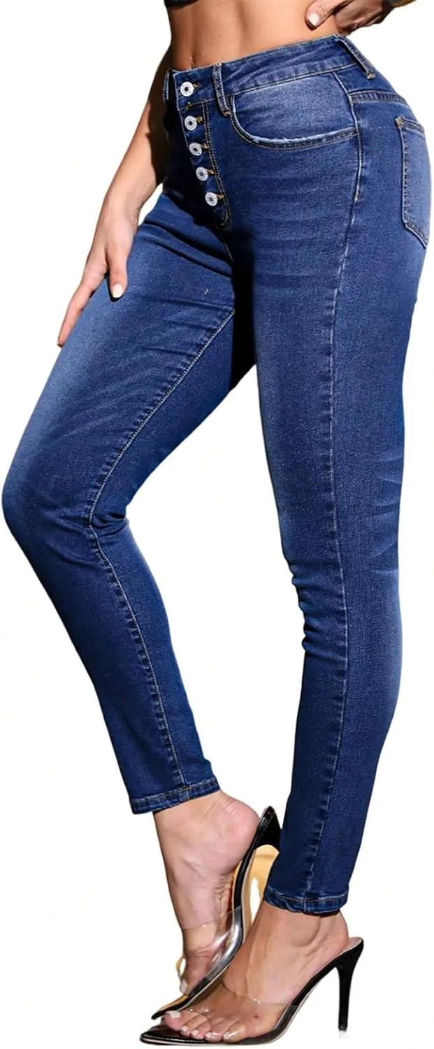 Womens Skinny Jeans Button Up High Waist Butt Lifting Jeans Distressed Classic Tummy Control Denim Pants with Pockets