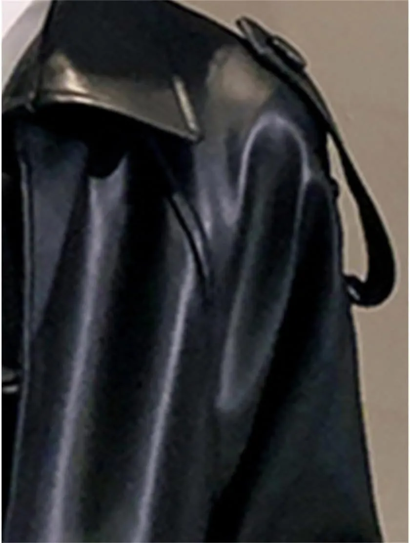 Women's Solid Faux Leather Trench Coat Oversized Waterproof Long Sleeve Outerwear