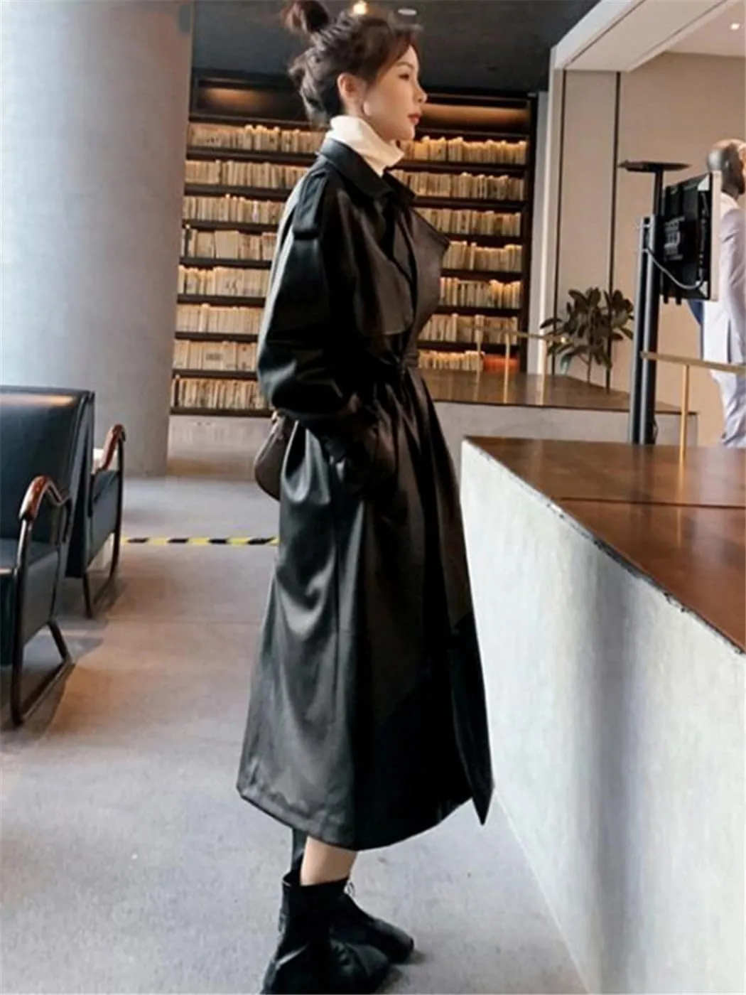 Women's Solid Faux Leather Trench Coat Oversized Waterproof Long Sleeve Outerwear