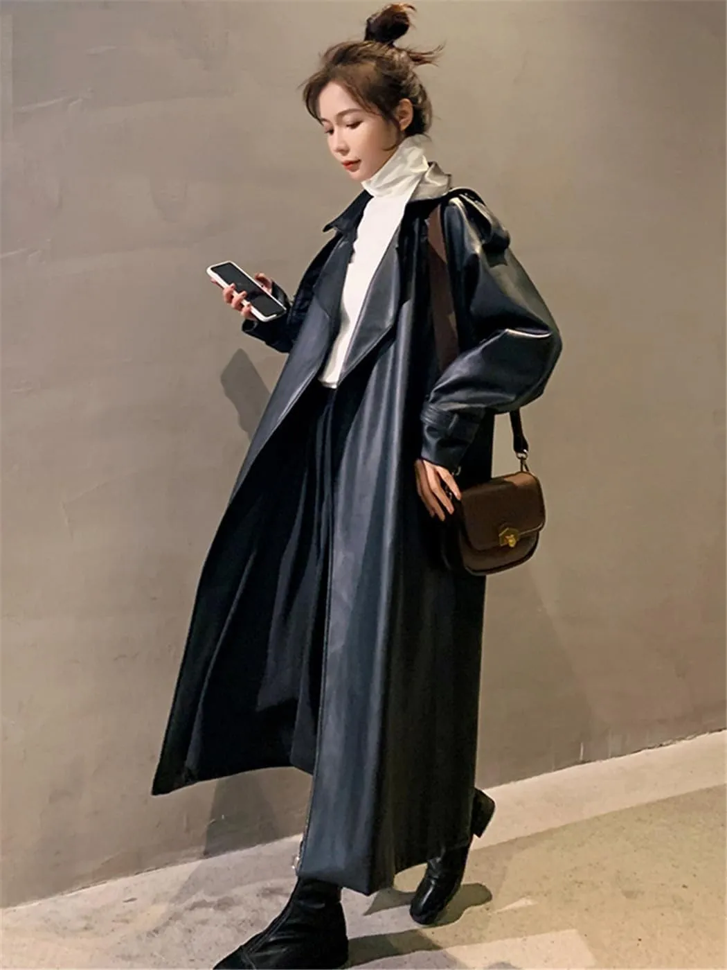 Women's Solid Faux Leather Trench Coat Oversized Waterproof Long Sleeve Outerwear