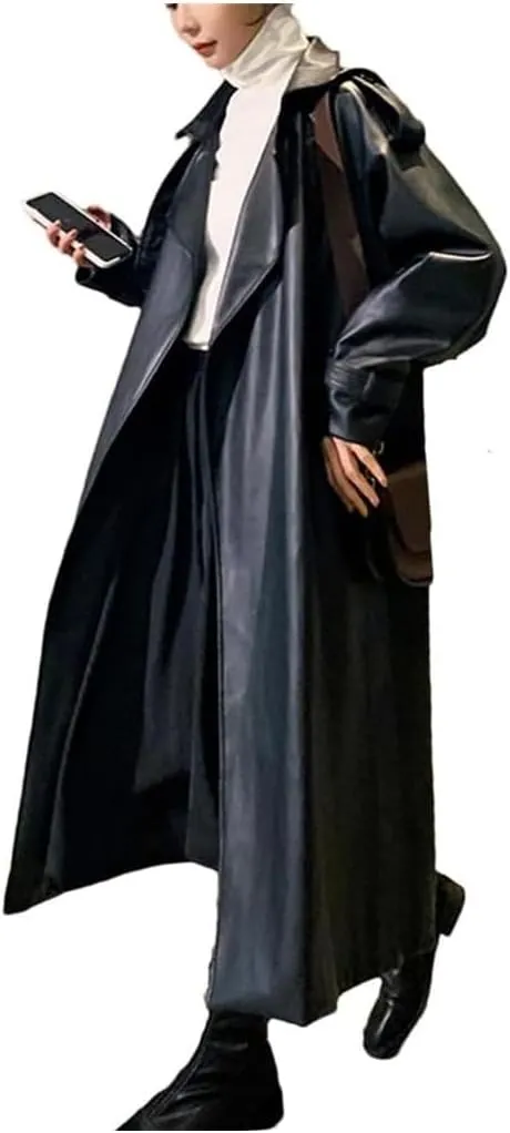 Women's Solid Faux Leather Trench Coat Oversized Waterproof Long Sleeve Outerwear