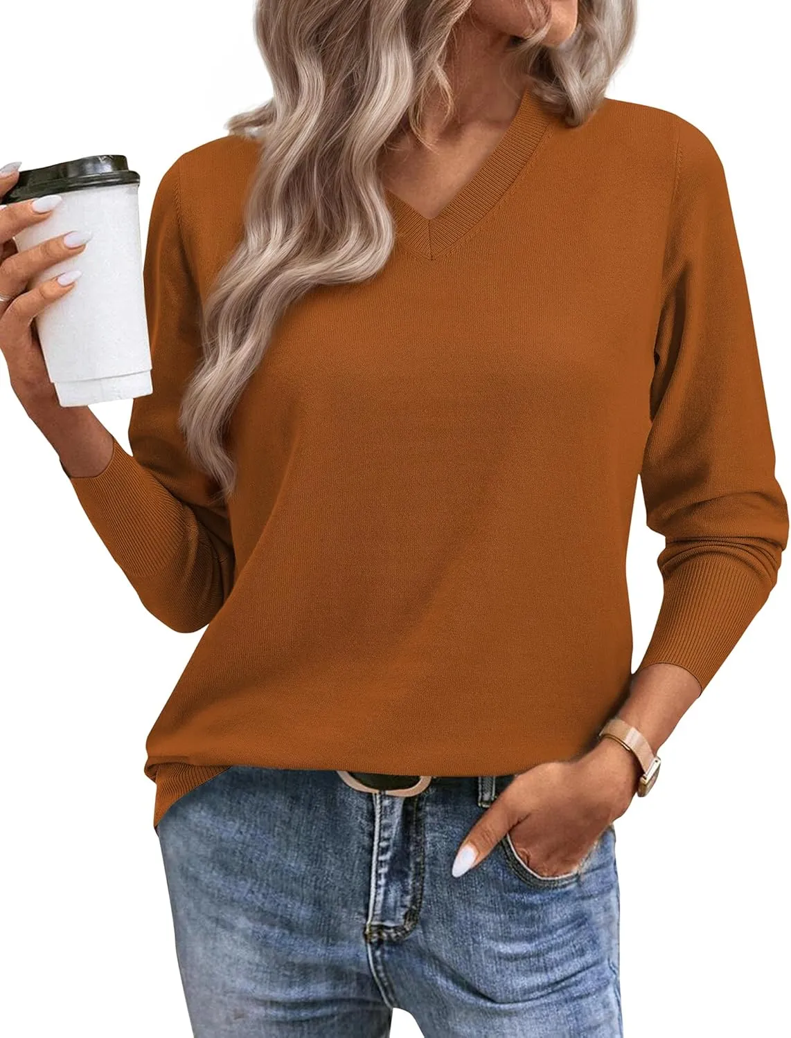 Women's Spring Sweaters 2025 Casual Thin Long Sleeve Pullover V Neck Lightweight Sweatshirts Cute Blouse Tops