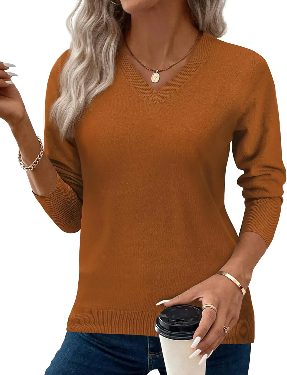 Women's Spring Sweaters 2025 Casual Thin Long Sleeve Pullover V Neck Lightweight Sweatshirts Cute Blouse Tops