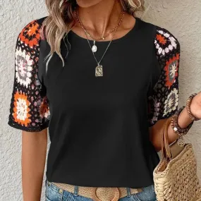 Women's S/S Crochet Sleeved Fashion Top in Black