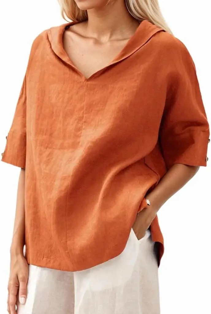 Women's Summer Hoodies Top T-Shirt Cotton Linen Half Sleeve V Neck Casual Loose Lightweight Tunic Blouse